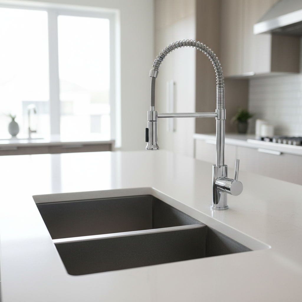 Évier cuisine moderne double bac robinet douchette extractible