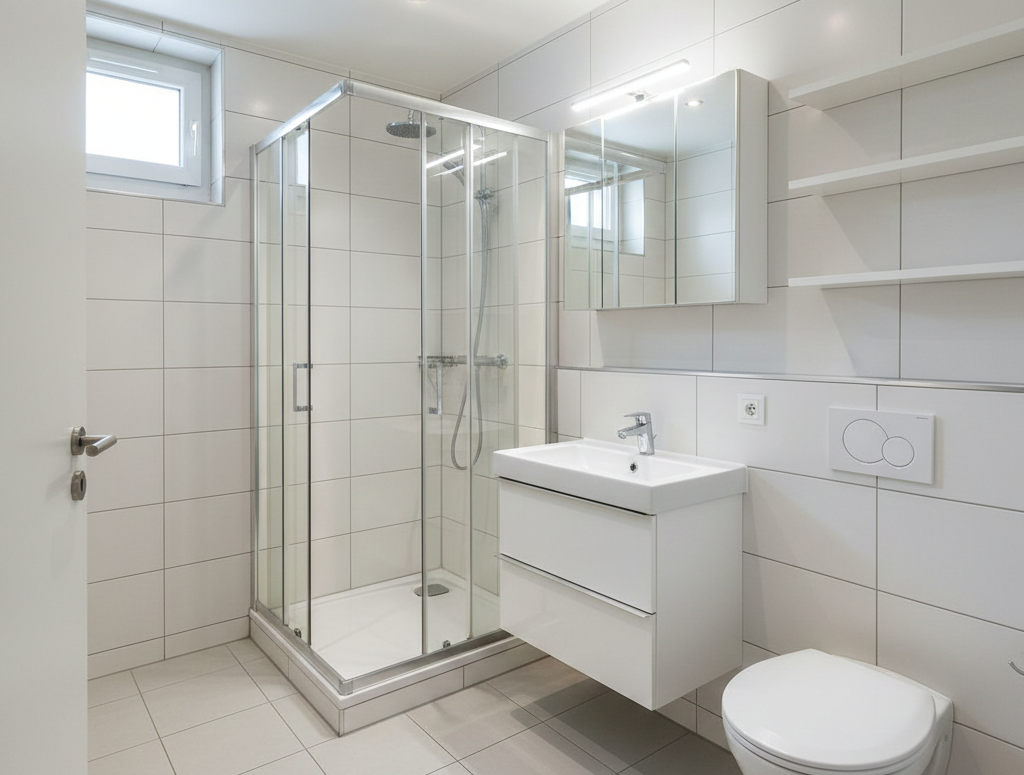 Petite salle de bain optimisée gain place rangements malins