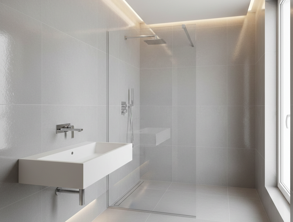 Salle de bain design moderne épurée carrelage grand format