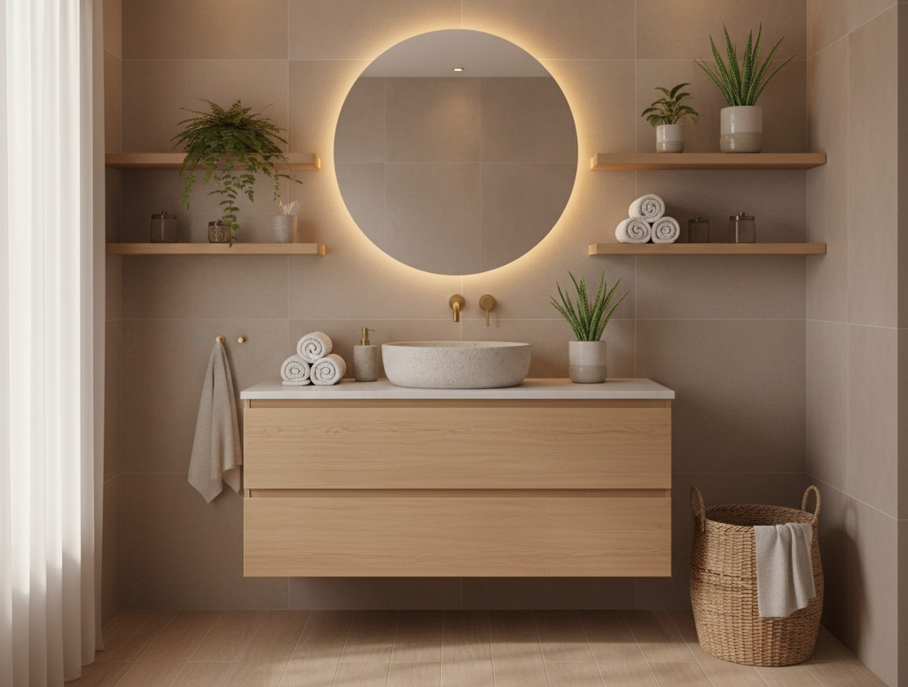 Salle de bain style naturel chaleureux bois pierre zen