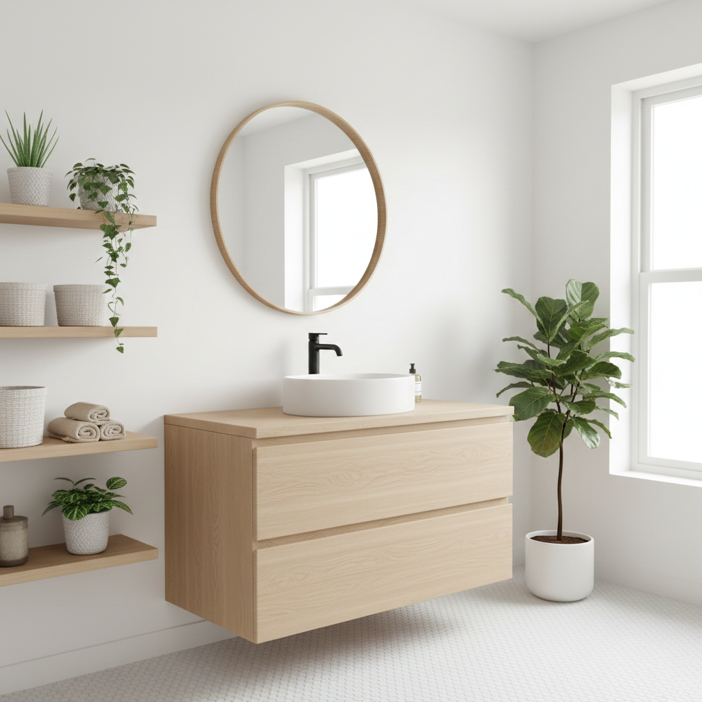 Salle de bain style scandinave blanc bois clair minimaliste