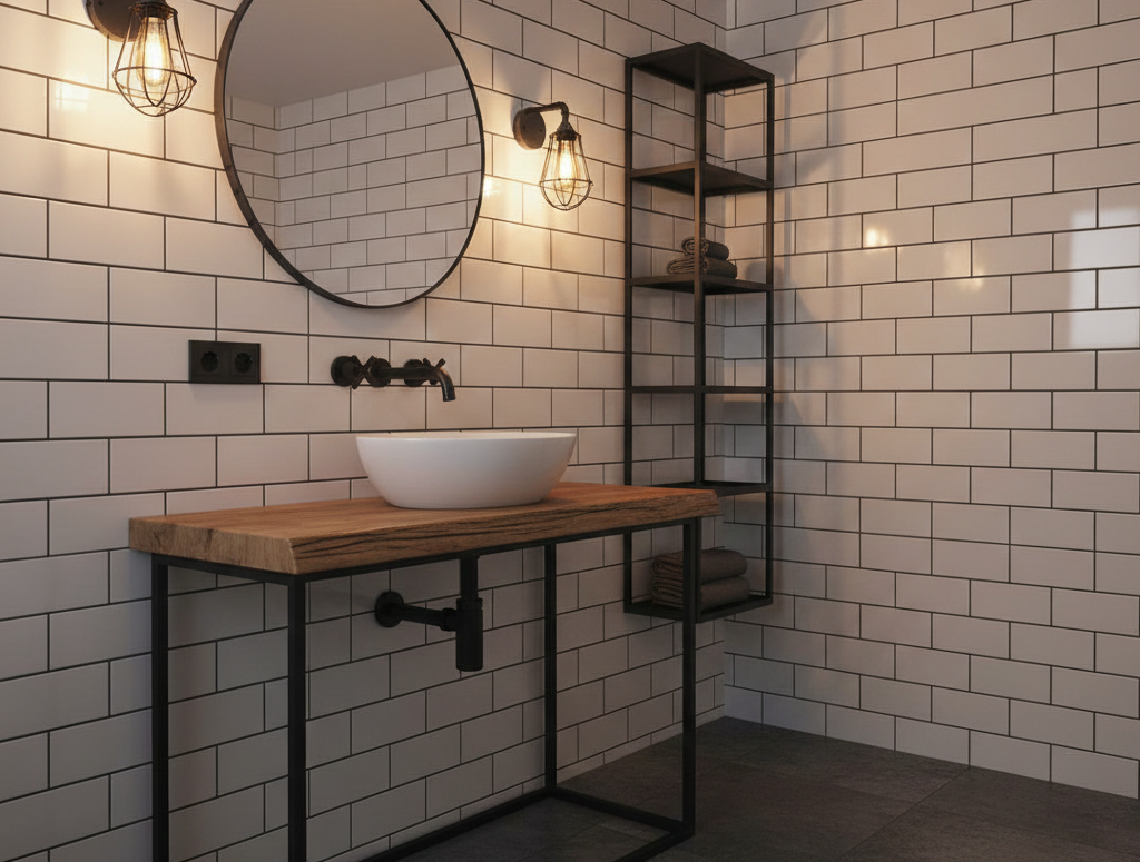 Salle de bain industrielle carrelage metro robinetterie apparente