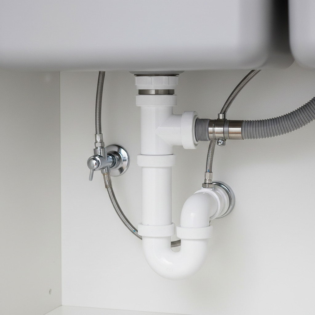 Siphon double sortie raccordement évier lave-vaisselle