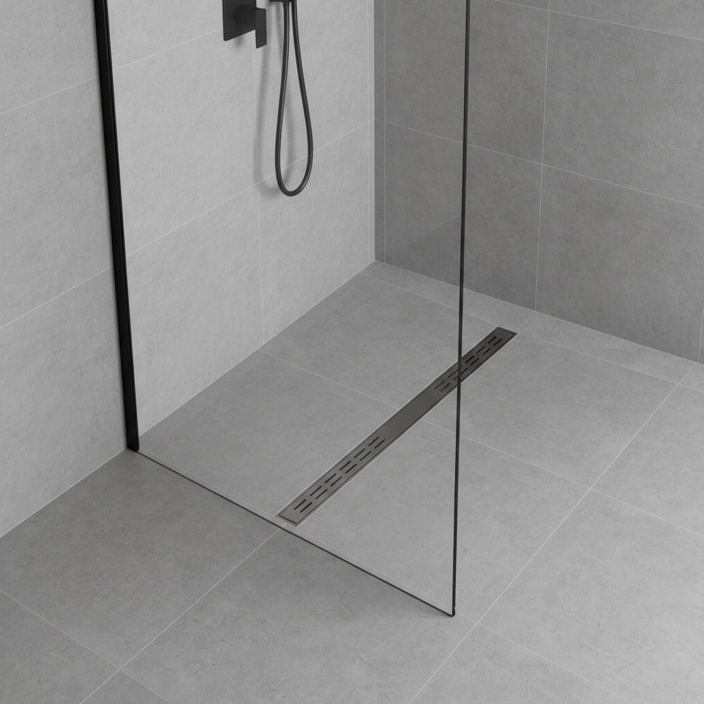 Douche plain-pied caniveau évacuation linéaire design