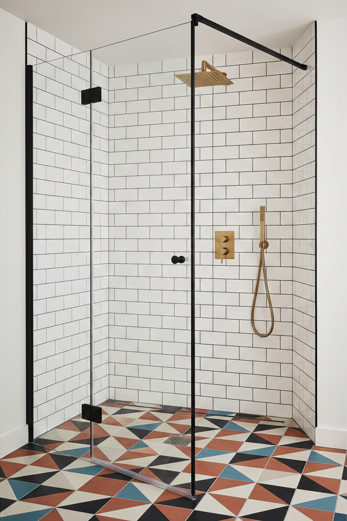 Douche italienne design carreaux de ciment motifs géométriques
