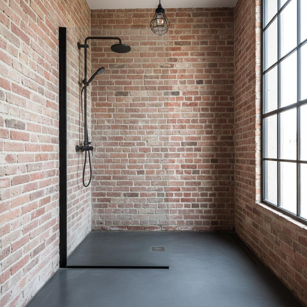 Douche italienne style industriel briques paroi noire