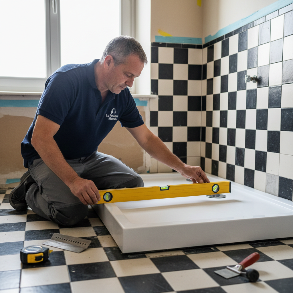 Artisan plombier installant receveur extra-plat douche italienne