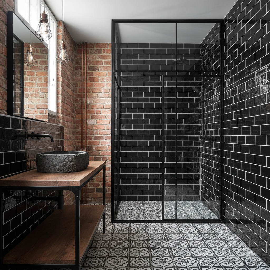 Salle de bain style industriel briques apparentes noir mat